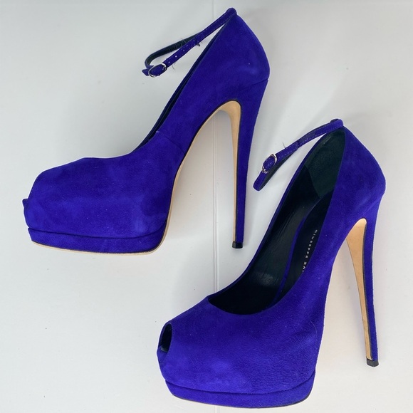 Giuseppe Zanotti Violet Designer Luxury Suede Peep-Toe Platform Pump Heels - Picture 8 of 11